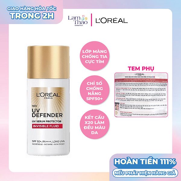 [HĐ Loreal 199K tặng Túi Chăn Bông Vuông Đeo Chéo Maybelline] Kem Chống Nắng Thoáng Da Mỏng Nhẹ Loreal Paris UV Defender Invisible Fluid SPF 50+ PA++++