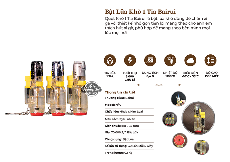 Bật Lửa Khò 1 Tia Bairui - Phụ Kiện Xì Gà Chính Hãng Giá Rẻ