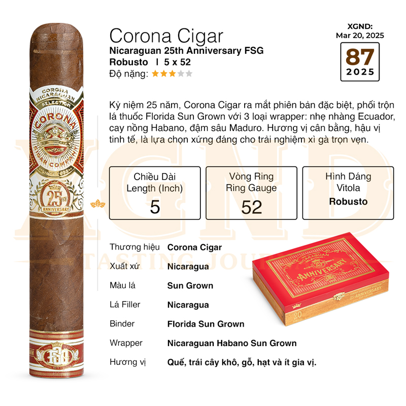 Cigar Corona Nicaraguan 25th Anniversary FSG Sun Grown Robusto - Xì Gà Chính Hãng