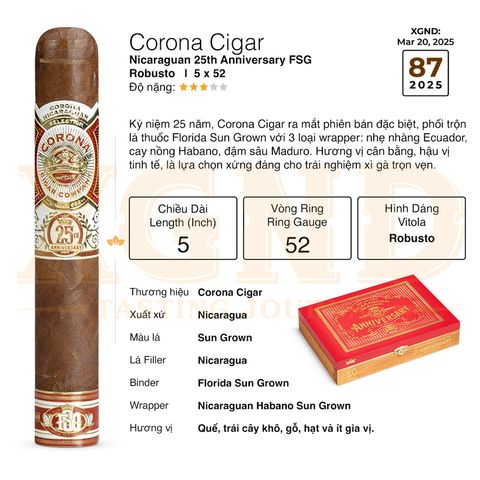 Cigar Corona Nicaraguan 25th Anniversary FSG Sun Grown Robusto - Xì Gà Chính Hãng