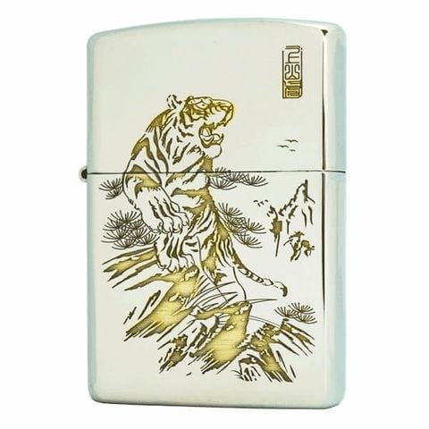 Hộp quẹt Zippo USA trắng chủ đề Hổ Thượng Sơn