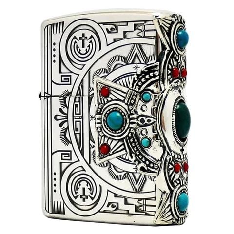 Bật lửa Zippo USA xuất Nhật mạ bạc đính ngọc lam