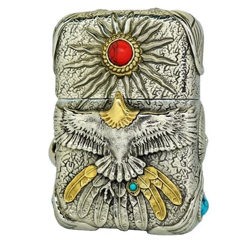 Zippo USA xuất Nhật mạ bạc đính ngọc lam cao cấp chủ đề Thần điêu
