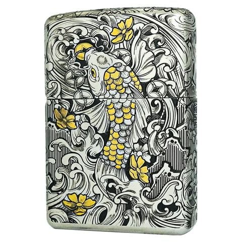 Zippo xuất Nhật Bản cao cấp bọc thép trắng chủ đề cá chép daruma