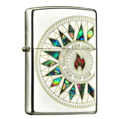 Zippo xuất Nhật Bản mạ bạc khảm trai chủ đề ngọn lửa phát sáng