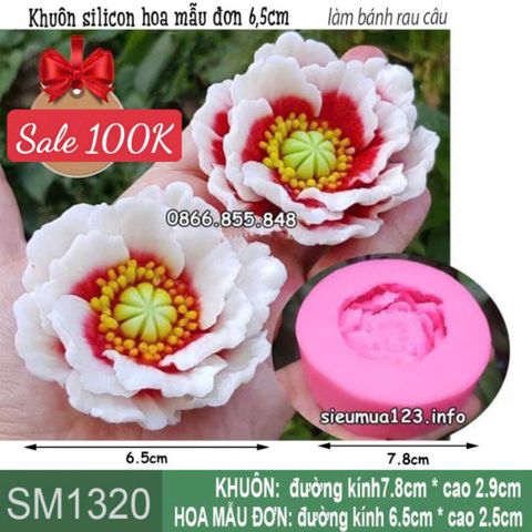 Khuôn silicon hoa mẫu đơn cánh mỏng nhụy vàng 6,5cm ( SM1320 )