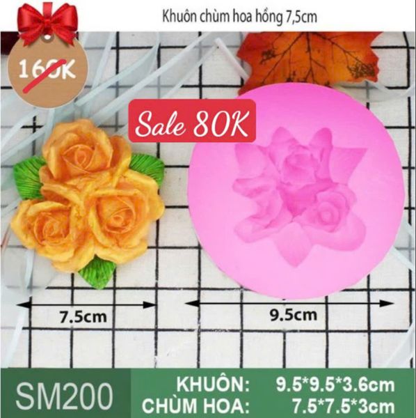 Khuôn silicon hoa hồng chùm 3 bông kèm lá 7,5cm ( SM200 )
