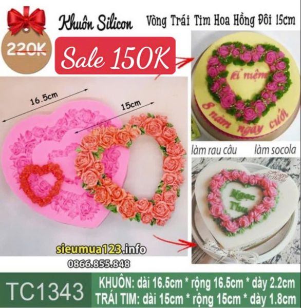Khuôn rau câu Vòng Trái Tim Hoa Hồng Đôi 15cm ( TC1343 ) còn 1