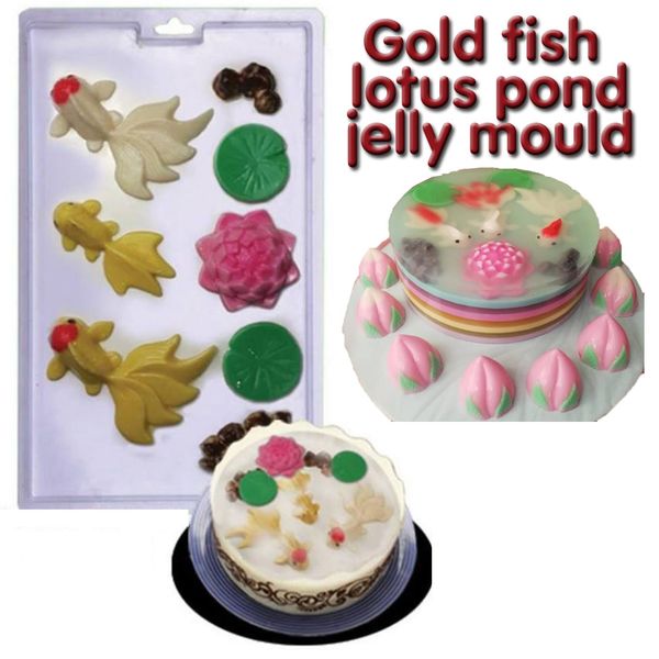 Khuôn nhựa mỏng PP làm rau câu con cá đuôi xòe 10cm bên hoa sen ( SM1416 )