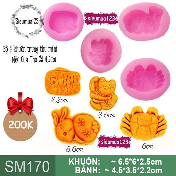 Bộ 4 khuôn trung thu mini Mèo Cua Thỏ Cá 4,5cm ( SM170 ) CÒN 3 BỘ