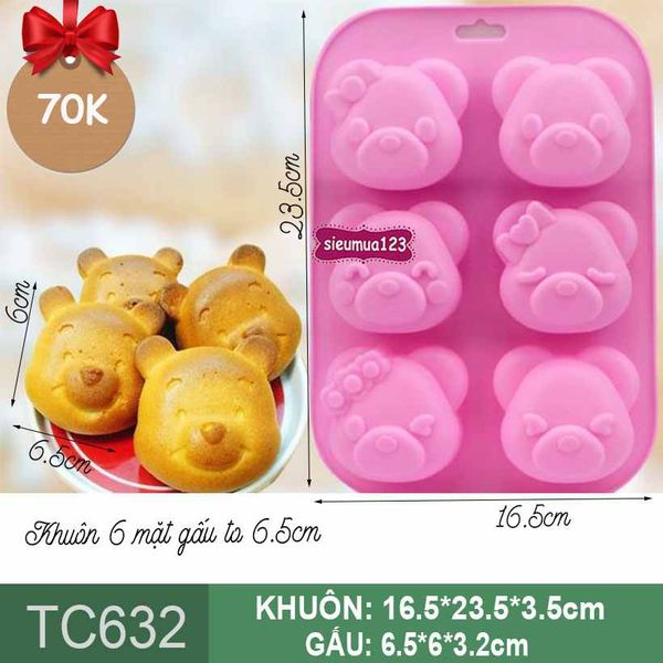 Khuôn silicon 6 mặt con gấu to 6,5cm ( TC632 )