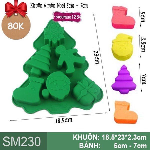 Khuôn silicon 6 món Noel cây thông gói quà 5cm - 7cm ( SM230 )
