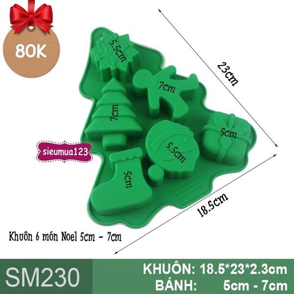 Khuôn silicon 6 món Noel cây thông gói quà 5cm - 7cm ( SM230 )