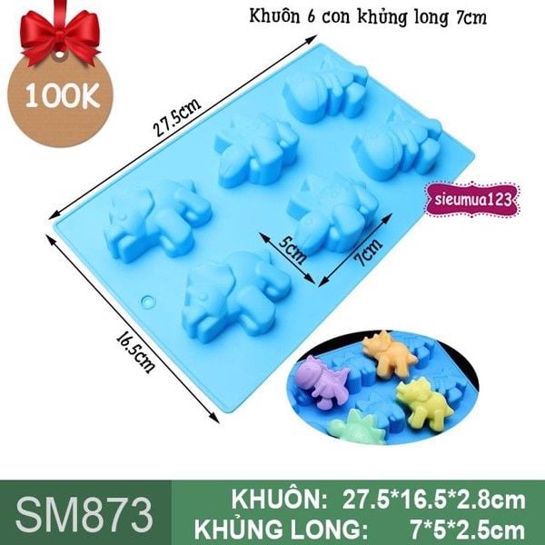 Khuôn nướng bánh silicon 6 con khủng long 7cm ( SM873 ) CÒN NHIỀU