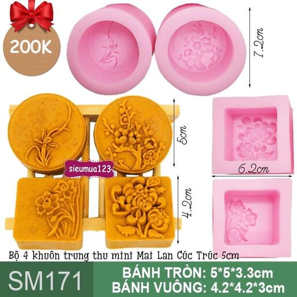 Bộ 4 khuôn trung thu mini Mai Lan Cúc Trúc 5cm ( SM171 ) CÒN 3 BỘ