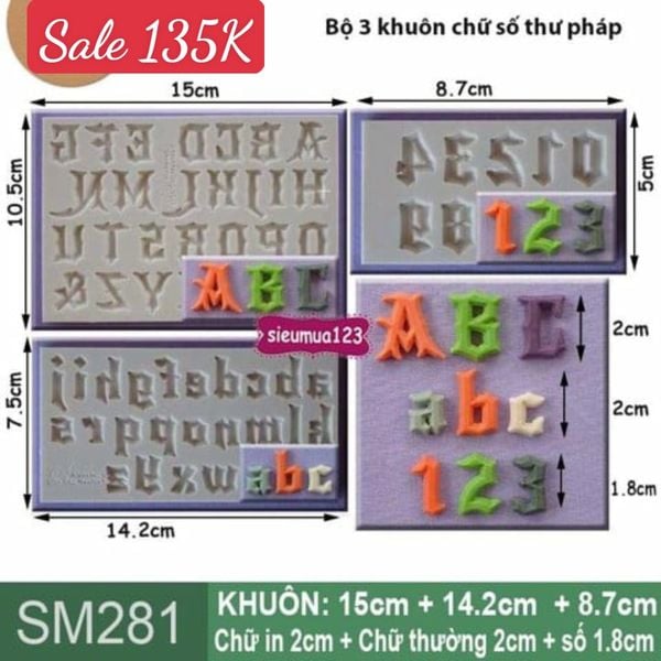 Bộ 3 khuôn silicon chữ và số thư pháp 2cm ( SM281 )