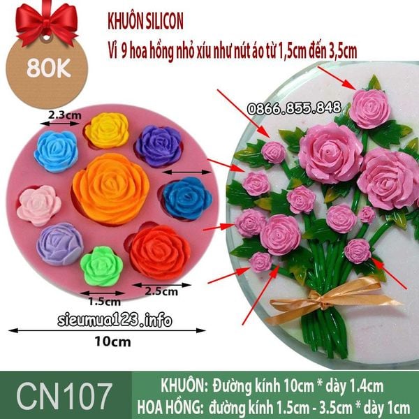 Khuôn silicon 9 hoa hồng nhỏ xíu như nút áo từ 1,7 đến 3,5cm làm fondant ( CN107 )