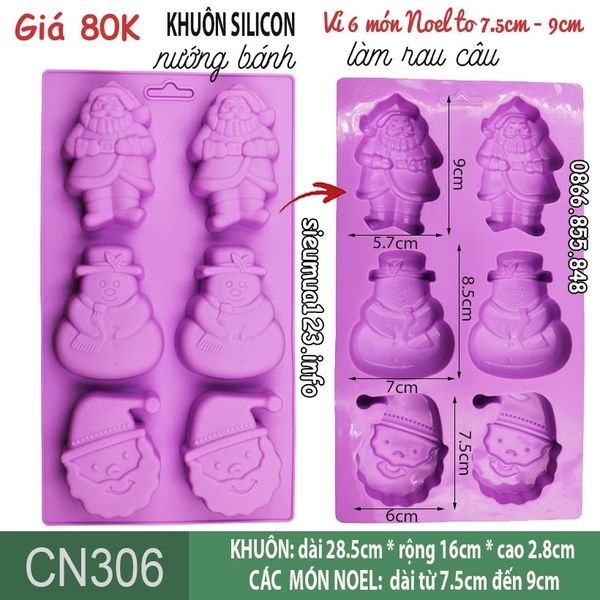 Khuôn silicon 6 ông già Noel và người tuyết to 7,5cm - 9cm ( CN306 )