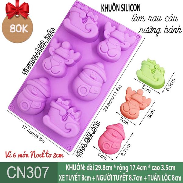 Khuôn slicon 6 xe tuyết , người tuyết , tuần lộc Noel to 8cm ( CN307 )