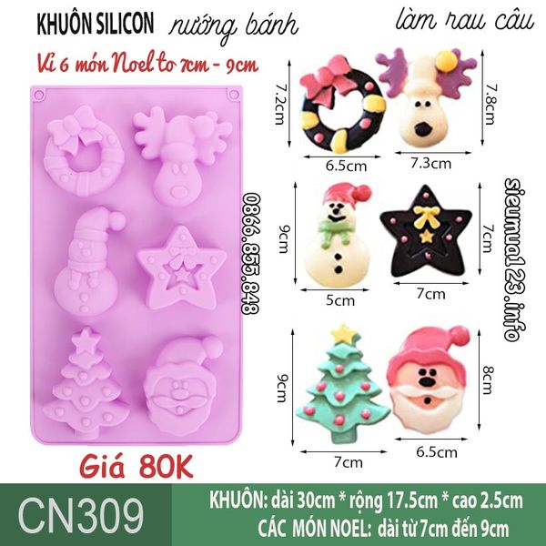 Khuôn silicon 6 tuần lộc , vòng nguyệt quế , người tuyết , ngôi sao , cây thông , ông già Santa Noel to 8cm - 9cm ( CN309 )