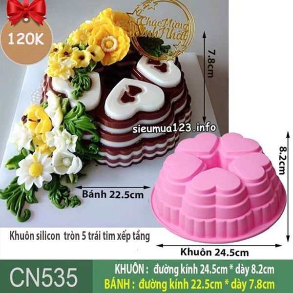 Khuôn silicon làm rau câu 5 trái tim xếp tầng 23cm ( CN535 )