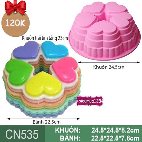 Khuôn nướng bánh silicon tròn to 5 trái tim xếp tầng 23cm ( CN535 )