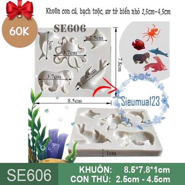 Khuôn silicon con cá bạch tuộc sư tử biển nhỏ xíu 2,5cm-4,5cm( SE606 )