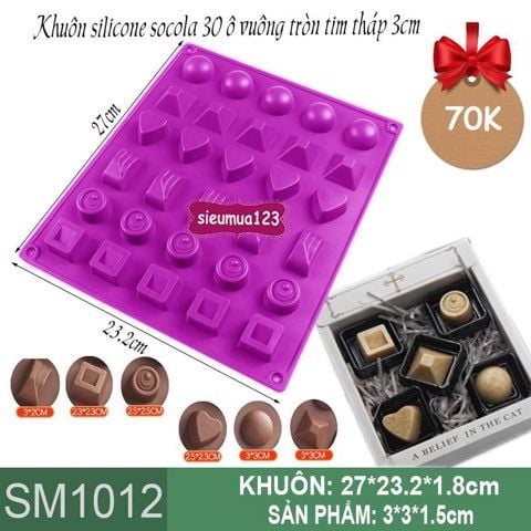 Khuôn silicon socola 30 ô vuông tròn tim tháp 3cm ( SM1012 )