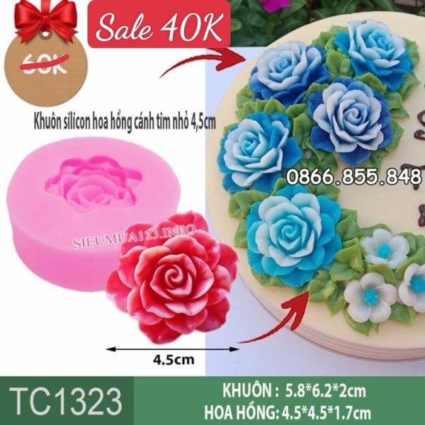 Khuôn silicon hoa hồng cánh tim 4,5cm ( TC1323 )