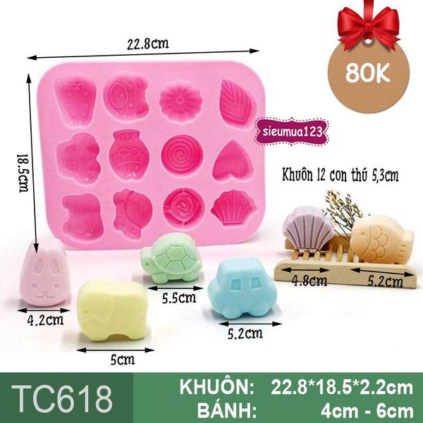 Khuôn nướng bánh silicon 12 tim lá rùa 5,3cm ( TC618 )