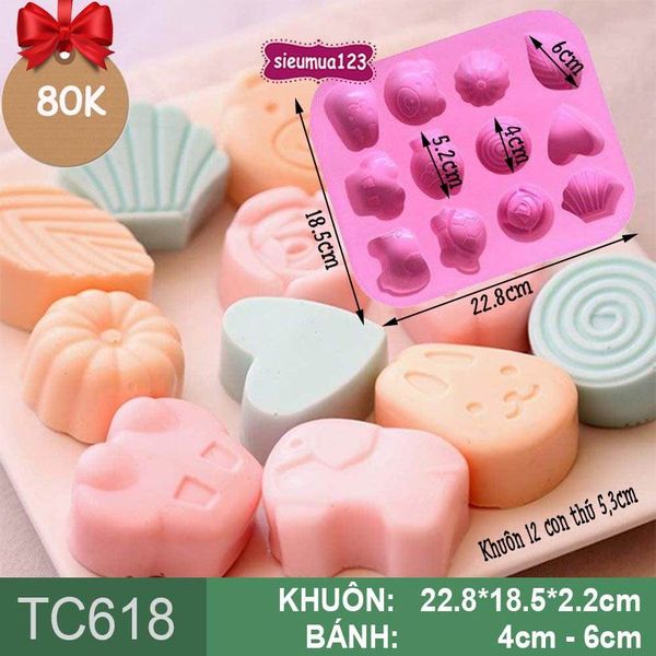 Khuôn nướng bánh silicon 12 tim lá rùa 5,3cm ( TC618 )