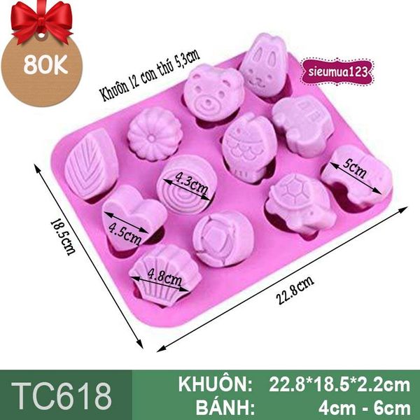 Khuôn nướng bánh silicon 12 tim lá rùa 5,3cm ( TC618 )