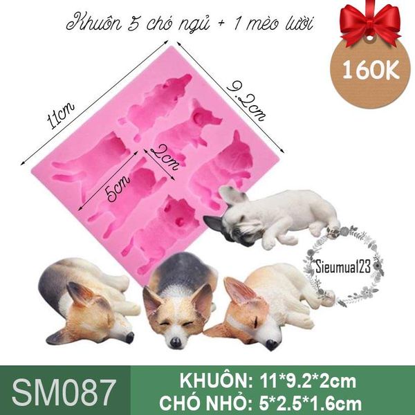 Khuôn silicon 5 con chó ngủ và 1 mèo lười nhỏ 5cm ( SM087 )