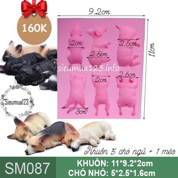 Khuôn silicon 5 con chó ngủ và 1 mèo lười nhỏ 5cm ( SM087 )