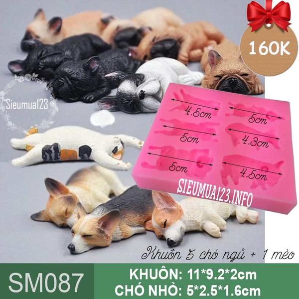 Khuôn silicon 5 con chó ngủ và 1 mèo lười nhỏ 5cm ( SM087 )