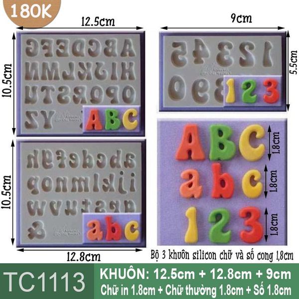 Bộ 3 khuôn silicon chữ và số cong 1,8cm ( TC1113 )