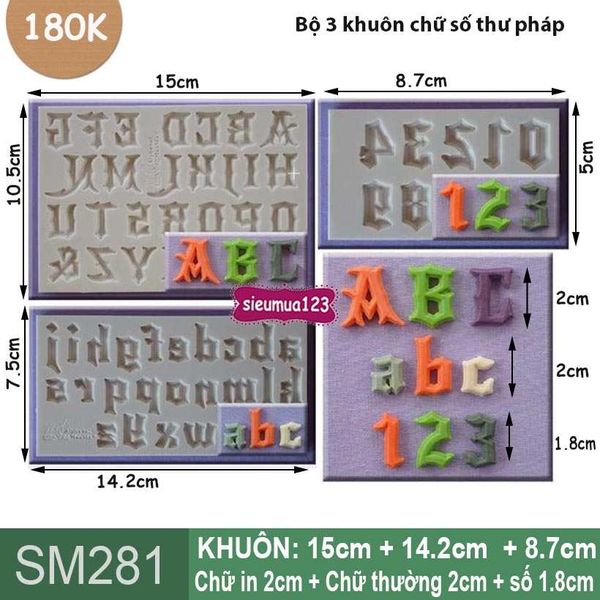 Bộ 3 khuôn silicon chữ và số thư pháp 2cm ( SM281 )
