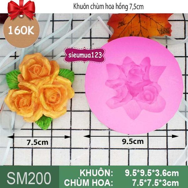 Khuôn silicon hoa hồng chùm 3 bông kèm lá 7,5cm ( SM200 )