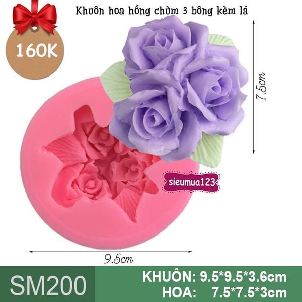 Khuôn silicon hoa hồng chùm 3 bông kèm lá 7,5cm ( SM200 )