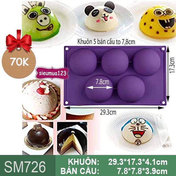 Khuôn silicon nướng bánh 5 bán cầu to 7,8cm ( SM726 )