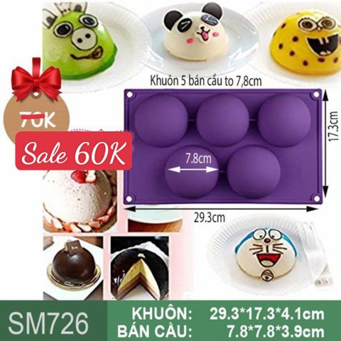 Khuôn silicon nướng bánh 5 bán cầu to 7,8cm ( SM726 )