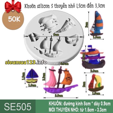 Khuôn Silicon Fondant 5 thuyền nhỏ 1,5cm đến 3,3cm ( SE505 )