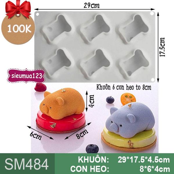 Khuôn bánh mousse: Khuôn 6 con heo ú to 8cm ( SM484 )
