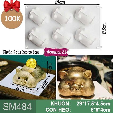 Khuôn bánh mousse: Khuôn 6 con heo ú to 8cm ( SM484 )