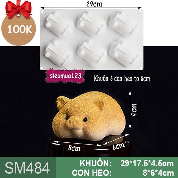 Khuôn bánh mousse: Khuôn 6 con heo ú to 8cm ( SM484 )