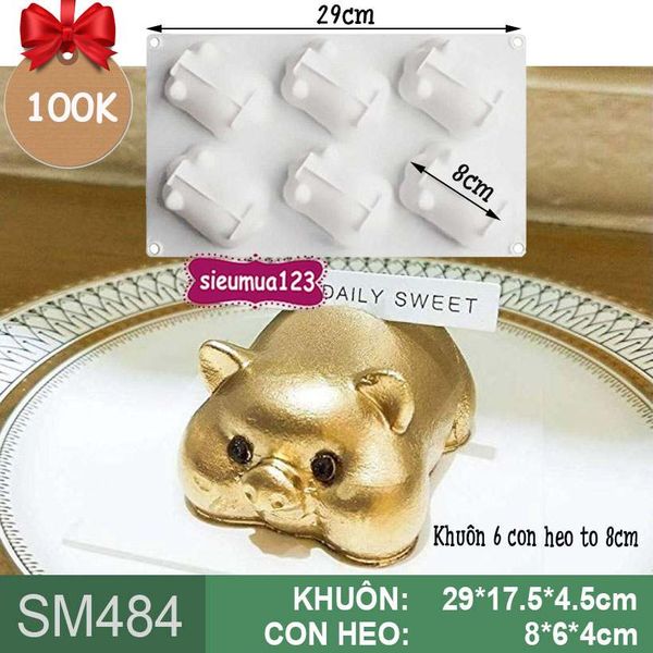 Khuôn bánh mousse: Khuôn 6 con heo ú to 8cm ( SM484 )