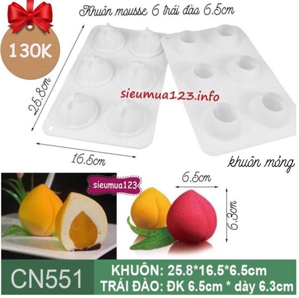 Khuôn bánh mousse silicon : Khuôn 6 trái đào 6,5cm ( CN551 ) KHUÔN MỎNG ( CÒN NHIỀU )