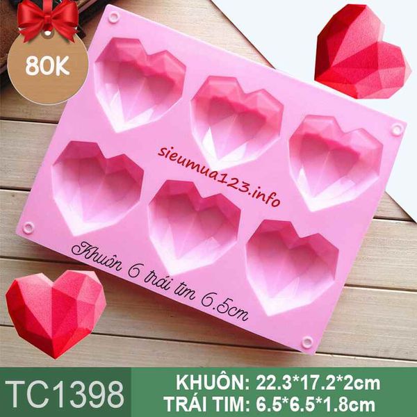 Khuôn silicon 6 trái tim kim cương 6,5cm ( TC1398 )
