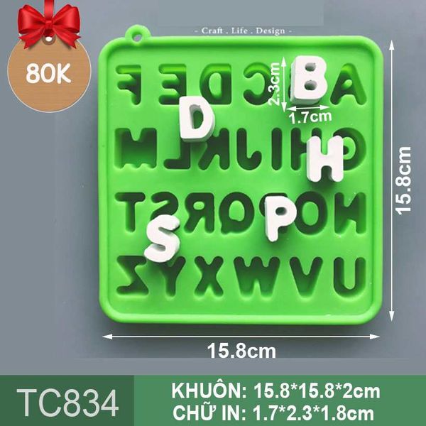 Khuôn silicon Bảng chữ cái Alphabet dạng viên dày có 26 chữ size 2,3cm ( TC834 )