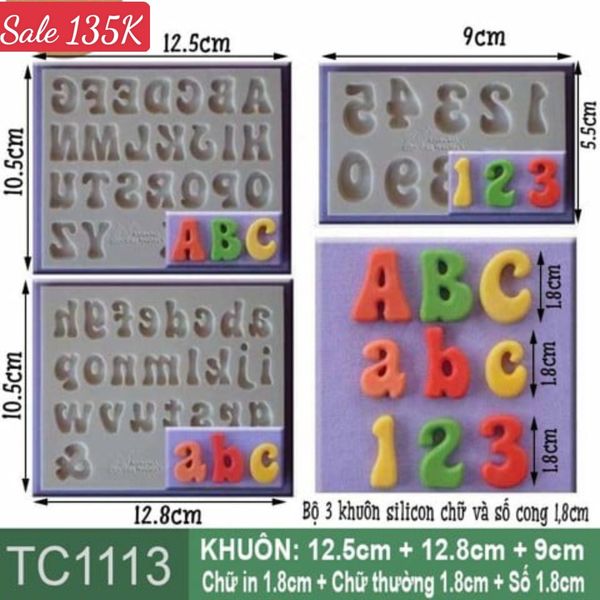 Bộ 3 khuôn silicon chữ và số cong 1,8cm ( TC1113 )